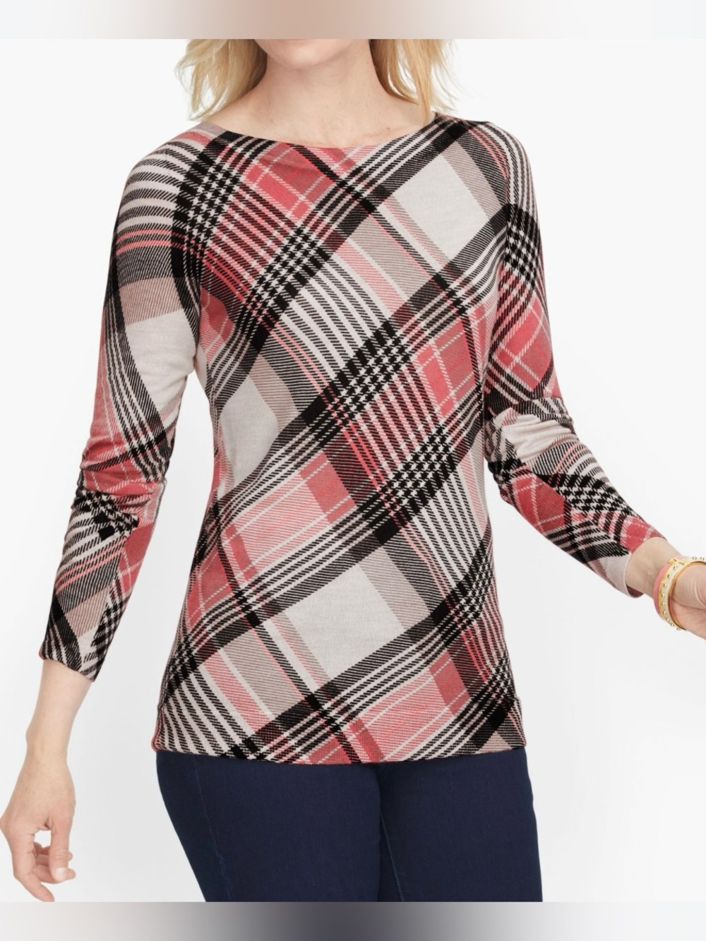 Talbots 100% Merino Wool Bateau Neck Plaid Sweater Women’s M Preppy Old Money